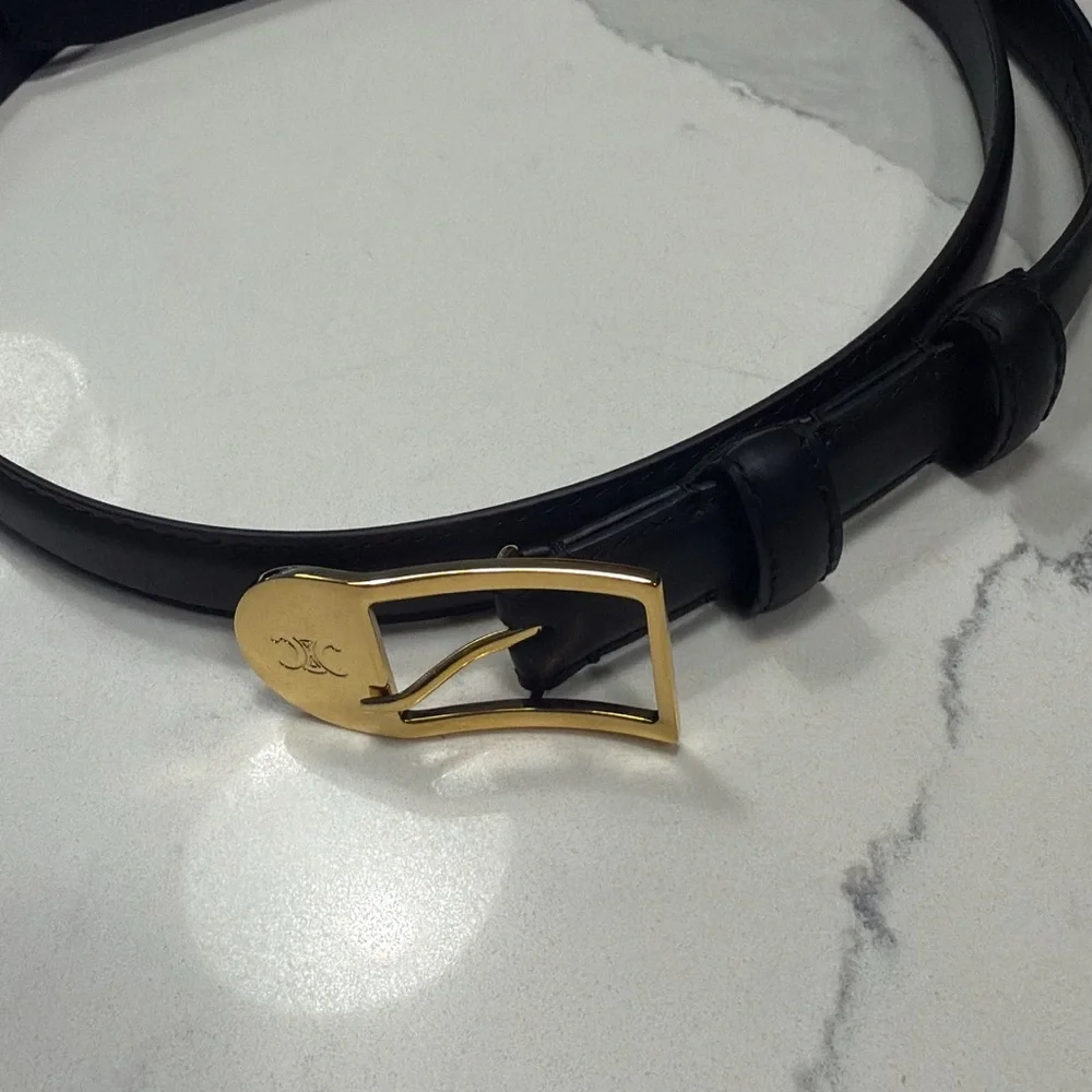 Celine Black Leather Belt with Gold-Tone Signature Buckle
